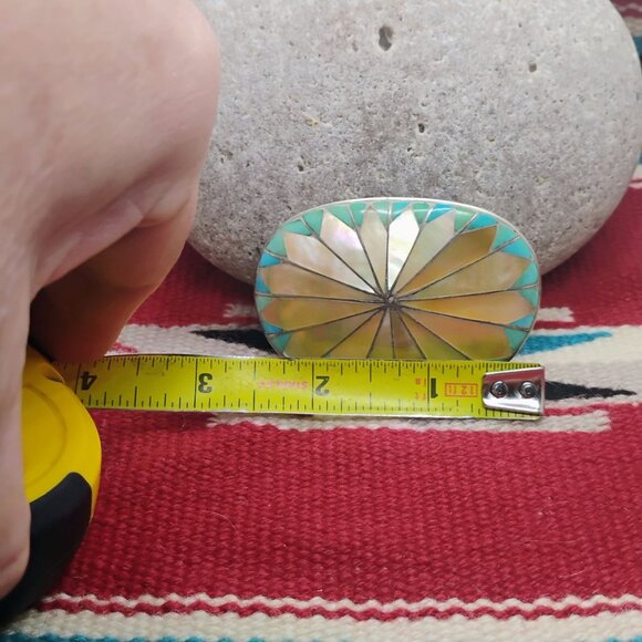 Vtg Zuni Inlay Set Belt Buckle Watch Tips Turquoise Mother of Pearl Sunburst - Picture 6 of 16
